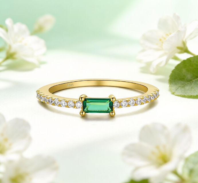Gold Emerald-Cut Green Gemstone Ring