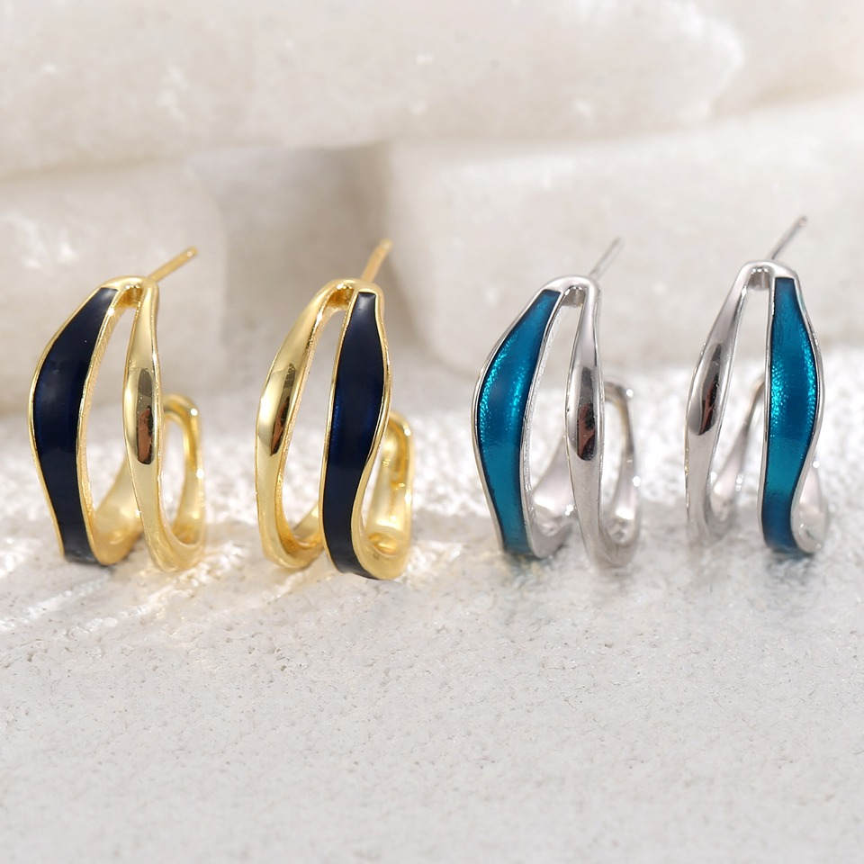 Gold - Toned & Navy Blue Enamel Twisted Hoop Earrings