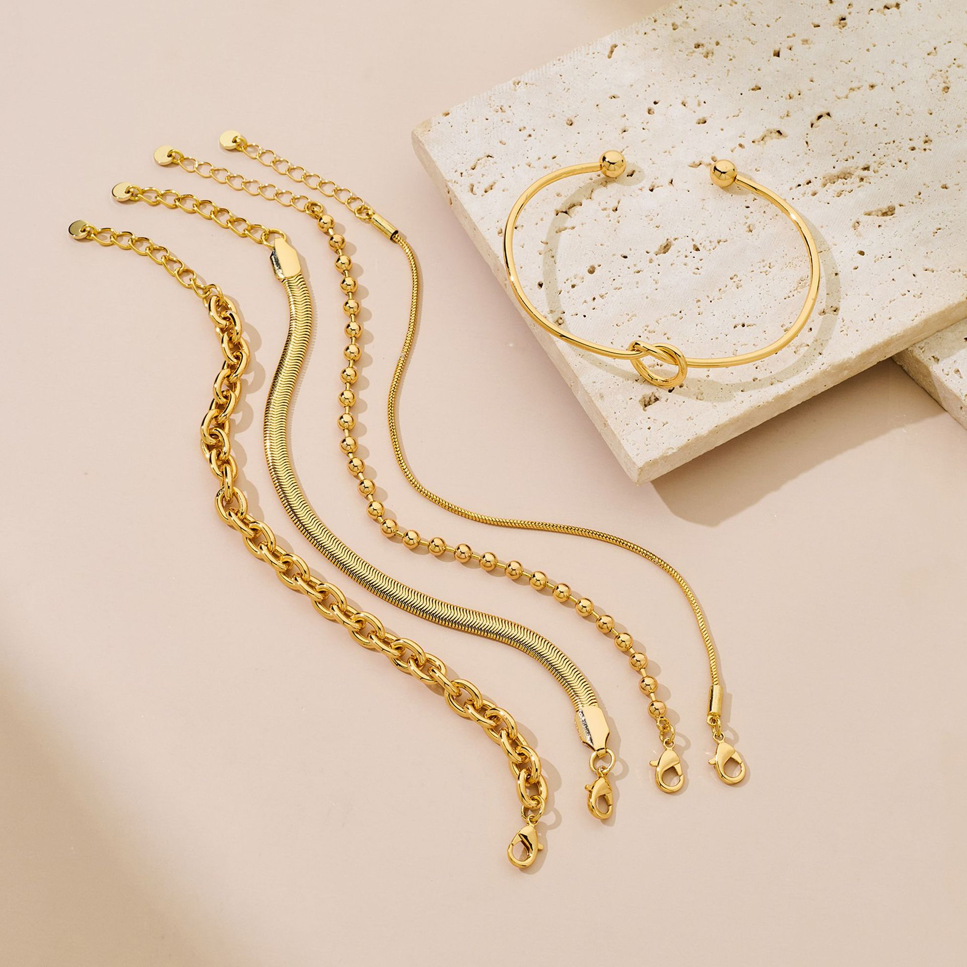 5-Piece Gold Plated Copper Bracelet Set - Mixed Styles Snake Chain, Beaded, and Knotted Cuff Bracelets for Women