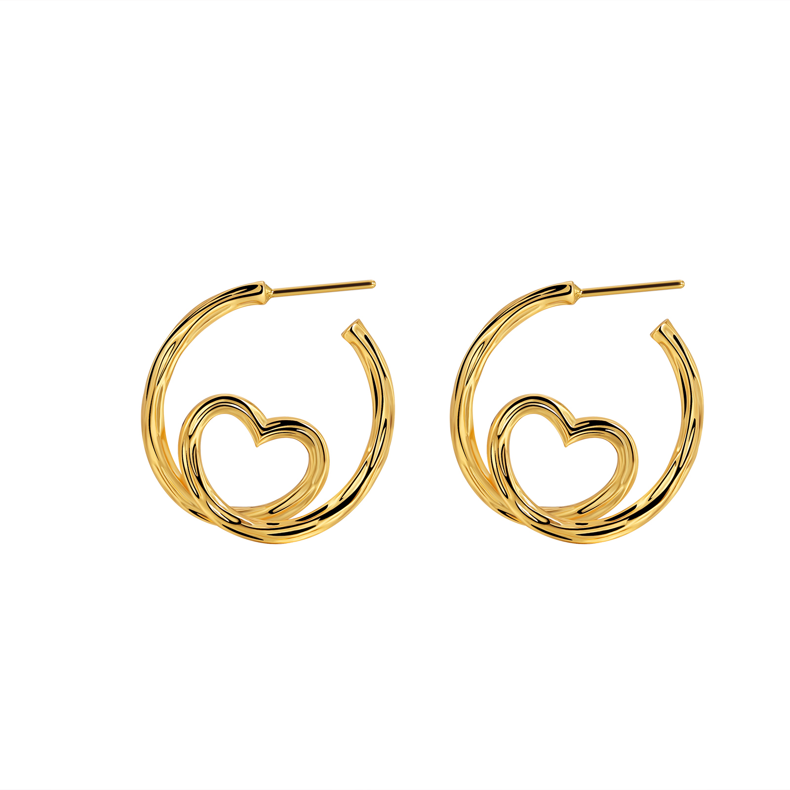 Romantic Gold - Plated Heart - Inset Circular Stud Earrings
