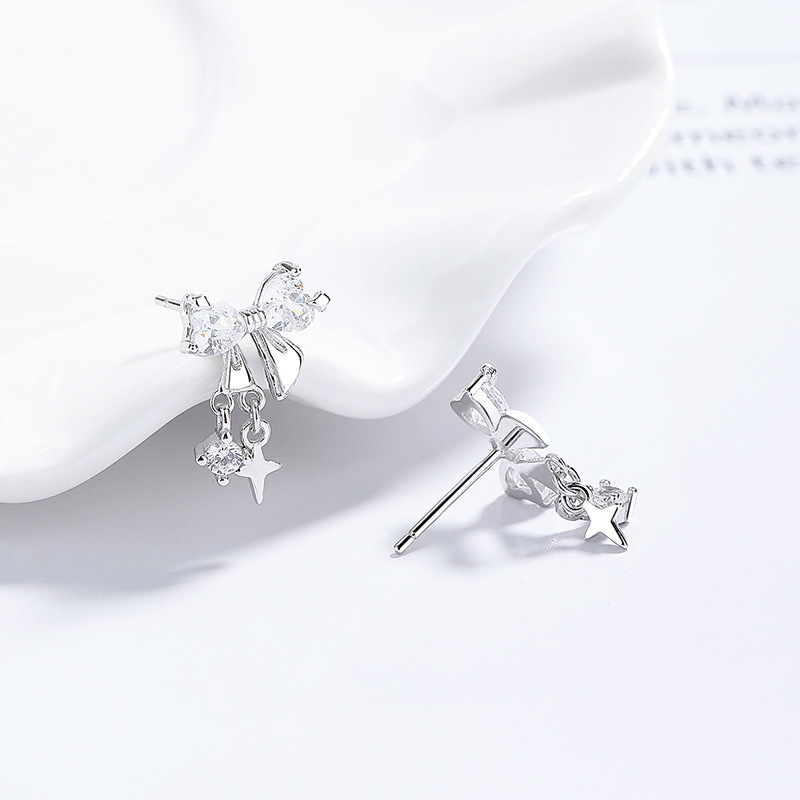 Elegant Bowknot Star Drop Earrings with Cubic Zirconia in Silver Tone