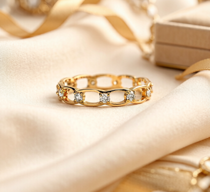 Gold Plated Alternating Marquise & Round Cubic Zirconia Eternity Band