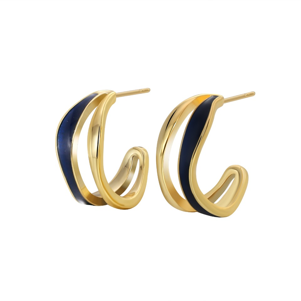 Gold - Toned & Navy Blue Enamel Twisted Hoop Earrings