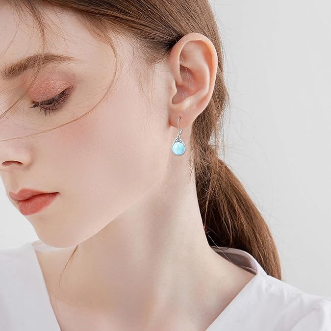 Elegant Teardrop Leverback Earrings with Light Blue Cloudy Resin Stone