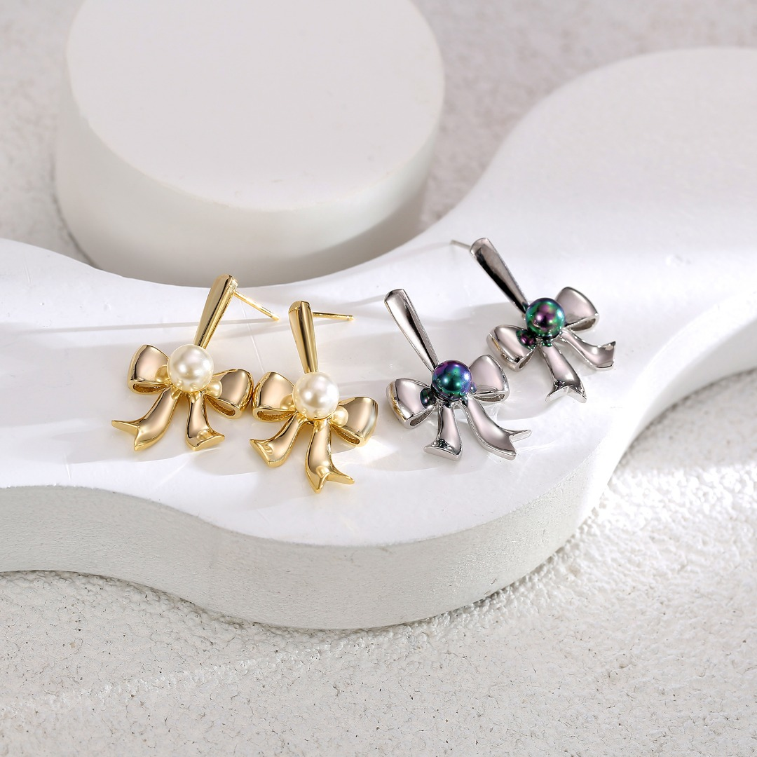 Gold - Toned Bow - Shaped Drop Earrings with Pearl Accent