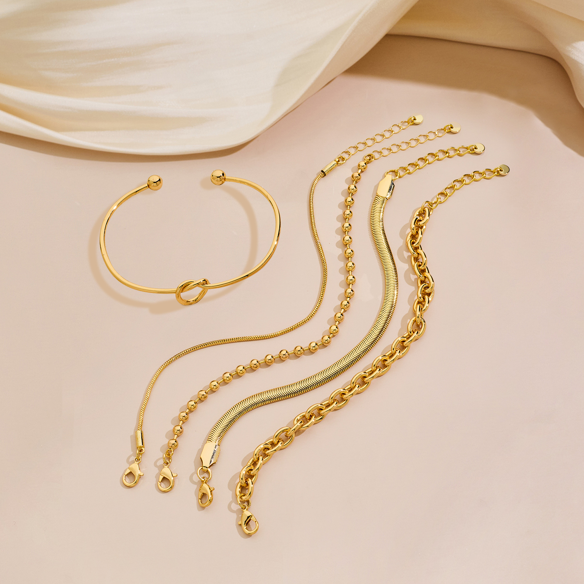 5-Piece Gold Plated Copper Bracelet Set - Mixed Styles Snake Chain, Beaded, and Knotted Cuff Bracelets for Women