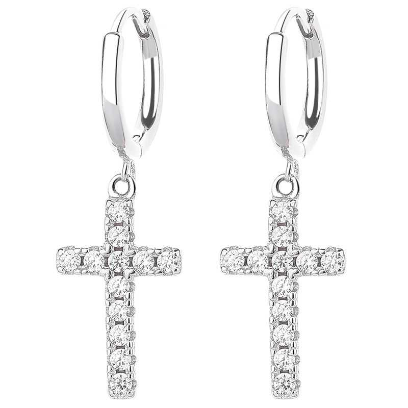 S925 Sterling Silver Pavé Cross Dangle Huggie Hoop Earrings