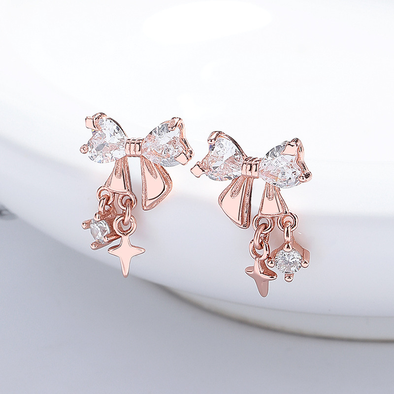 Elegant Bowknot Star Drop Earrings with Cubic Zirconia in Silver Tone