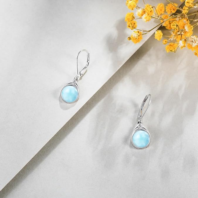 Elegant Teardrop Leverback Earrings with Light Blue Cloudy Resin Stone
