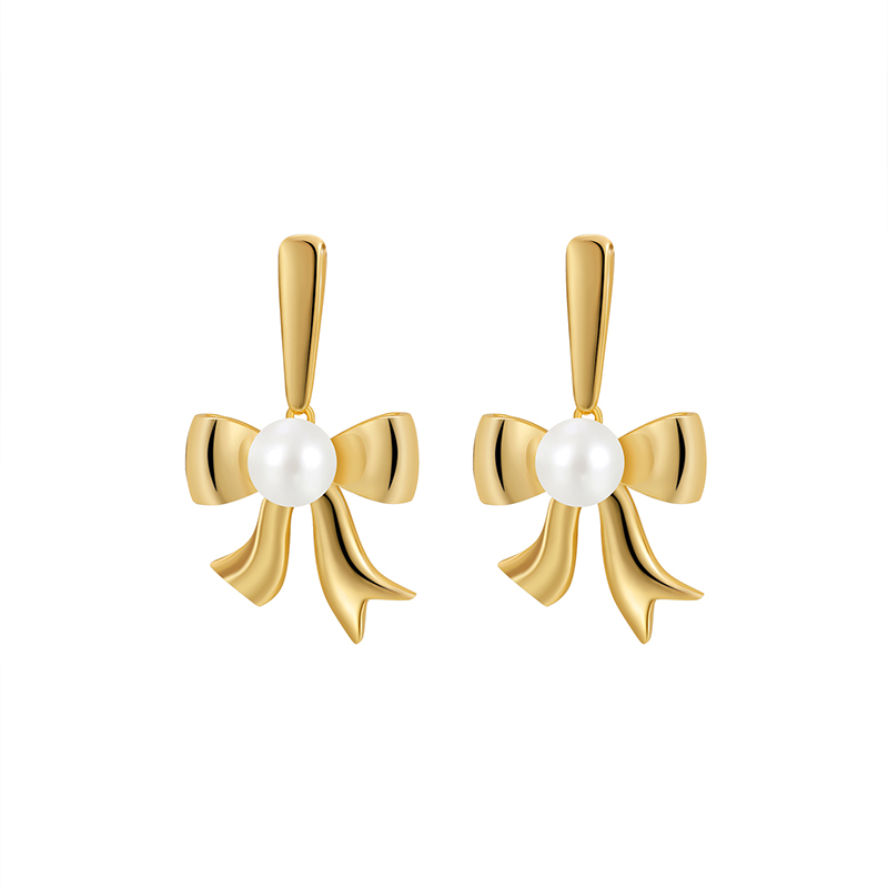 Gold - Toned Bow - Shaped Drop Earrings with Pearl Accent