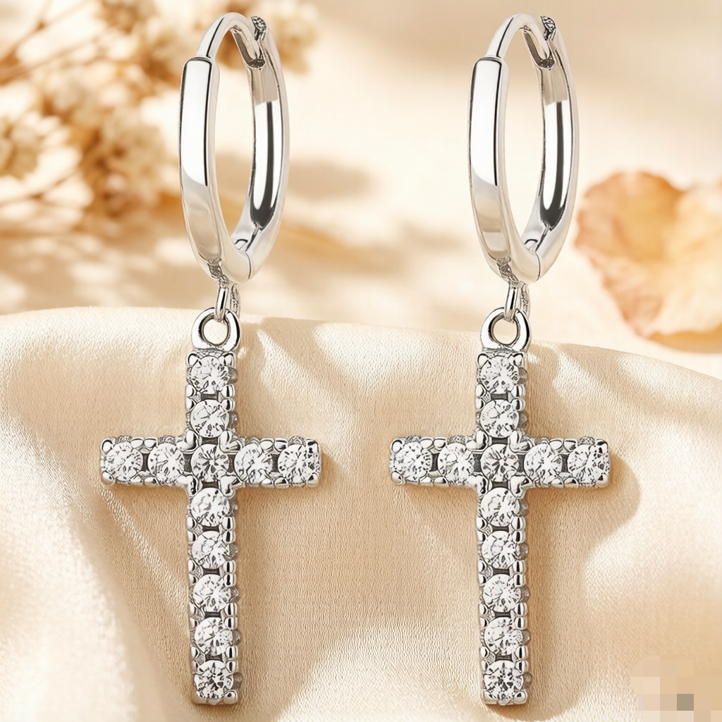 S925 Sterling Silver Pavé Cross Dangle Huggie Hoop Earrings