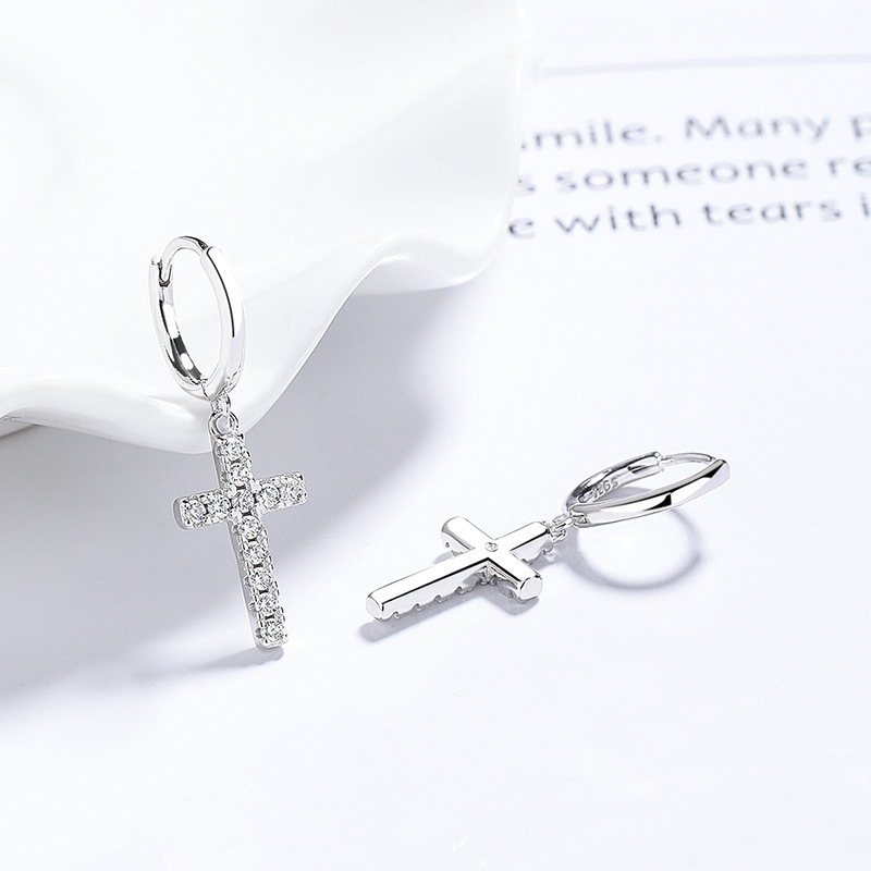 S925 Sterling Silver Pavé Cross Dangle Huggie Hoop Earrings