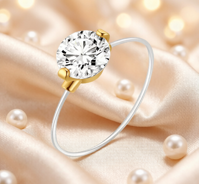 Minimalist Sterling Silver Solitaire Ring with Gold Plated Crown Setting