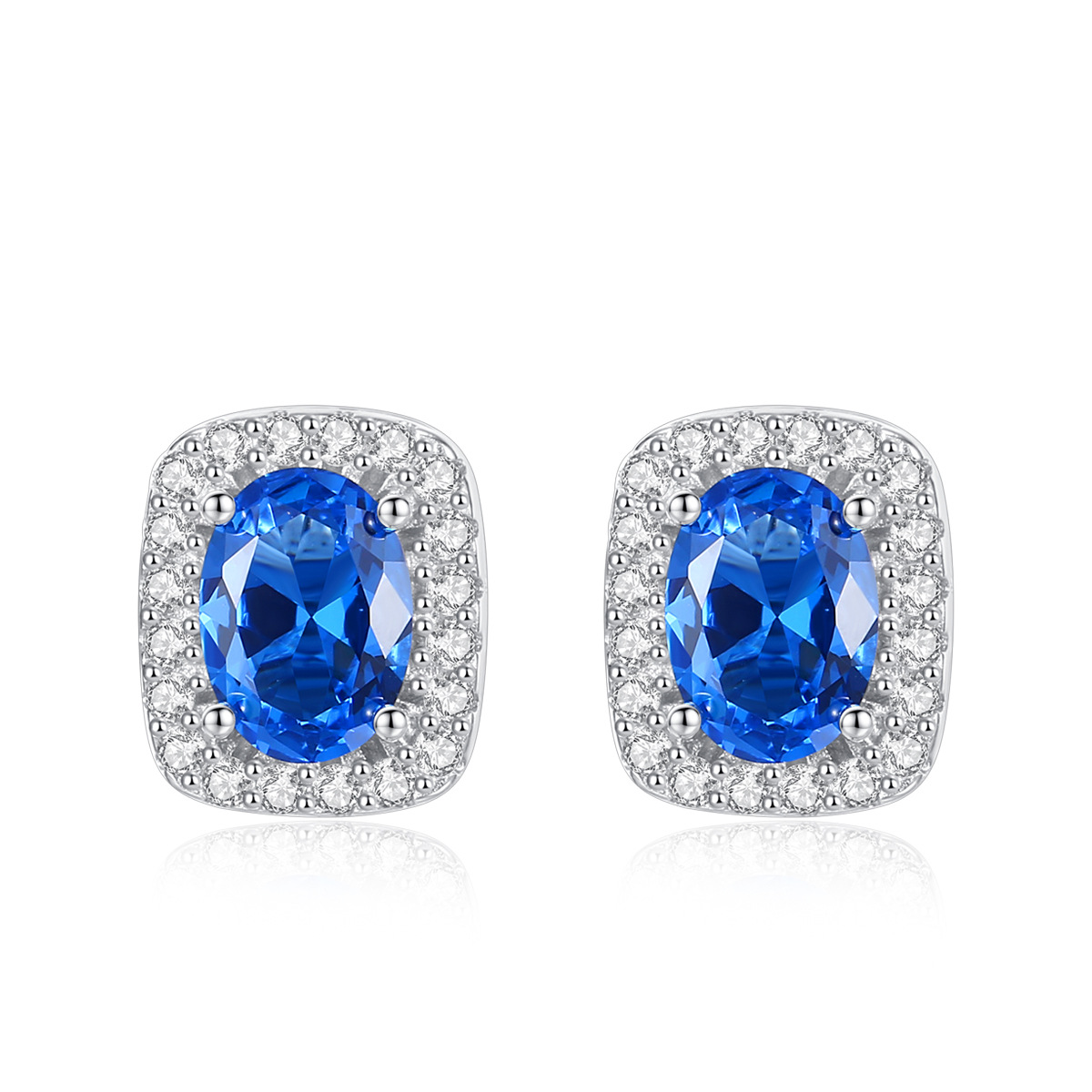 Regal Blue Sapphire Halo Stud Earrings with Double Row Pave Set in Silver Tone
