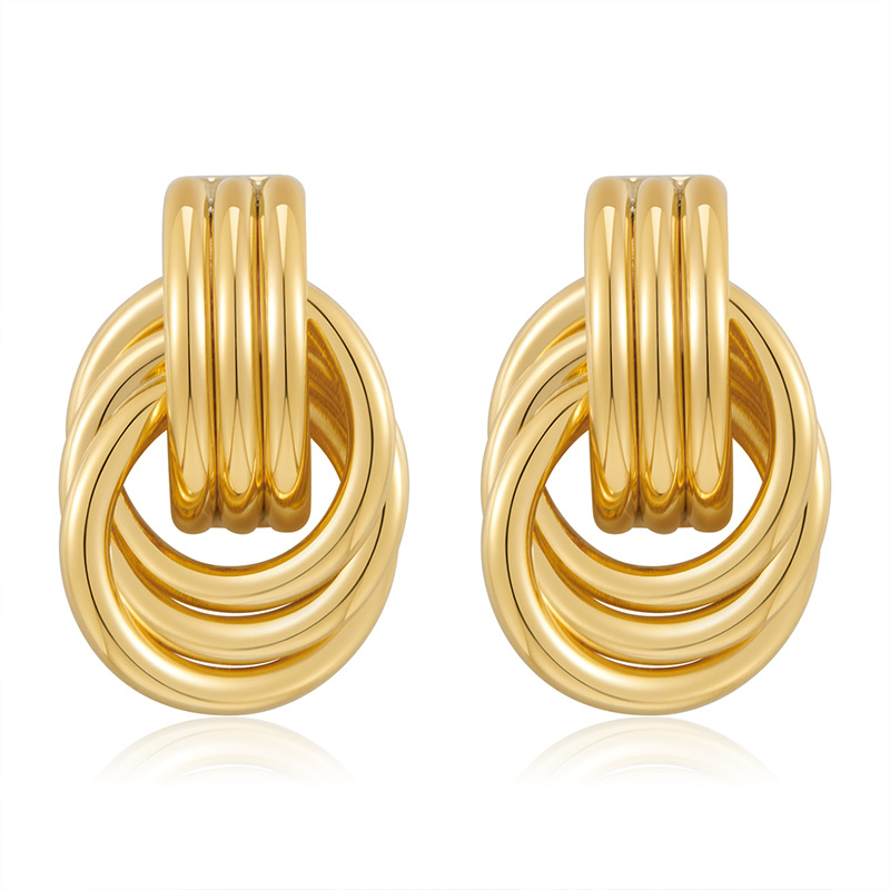 Modern Minimalist Gold-Tone Triple Interlocking Hoop Stud Earrings in Copper