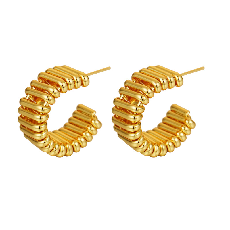 Gold Plated Copper Textured Cylindrical Segment Hoop Earrings