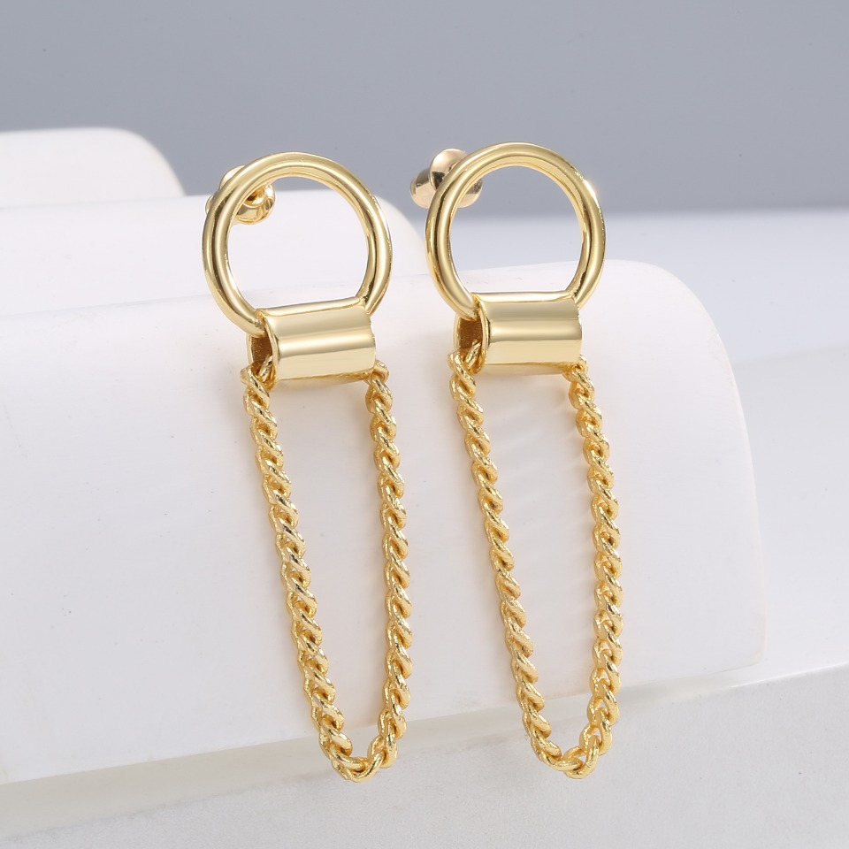 Gold - Toned Chain - Drop Earrings with Circular Hoop & Bar Design