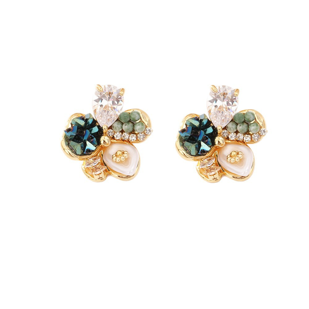 Gold Plated Copper Clover Stud Earrings with Multi-Color Rhinestones