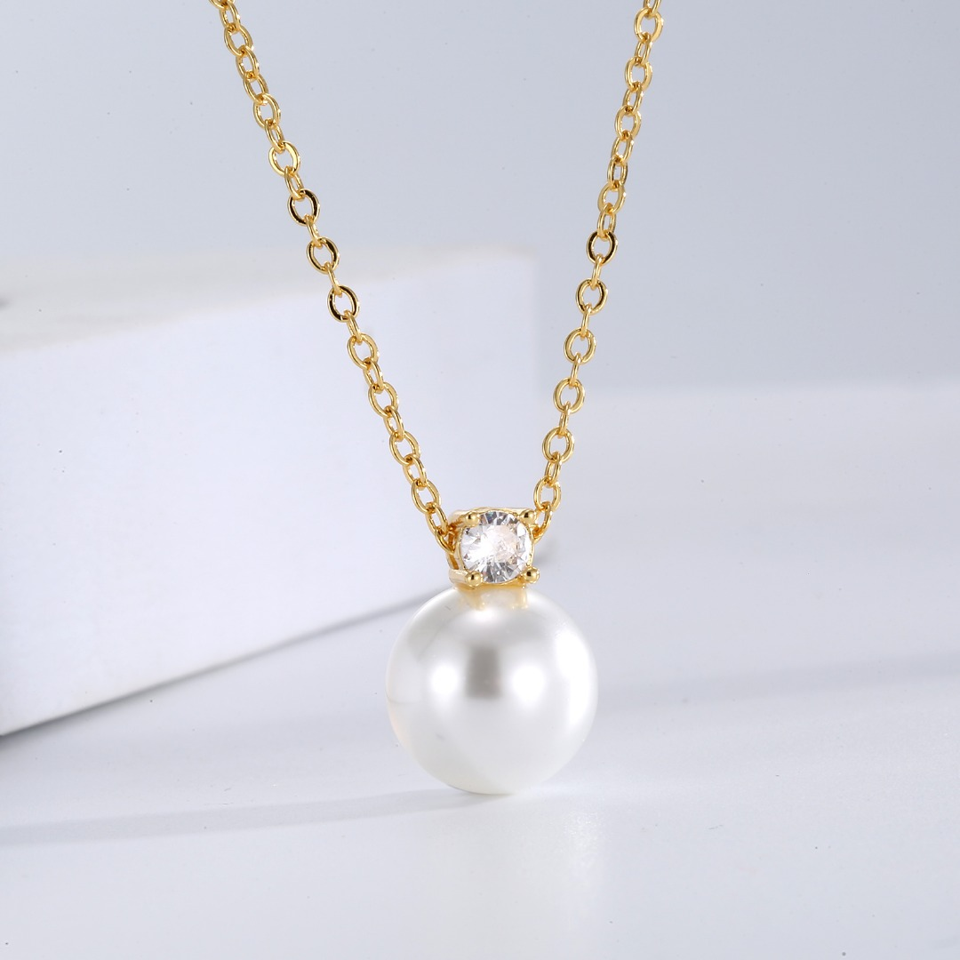 Gold-Tone Pearl & Cubic Zirconia Pendant Necklace - Minimalist Solitaire Design