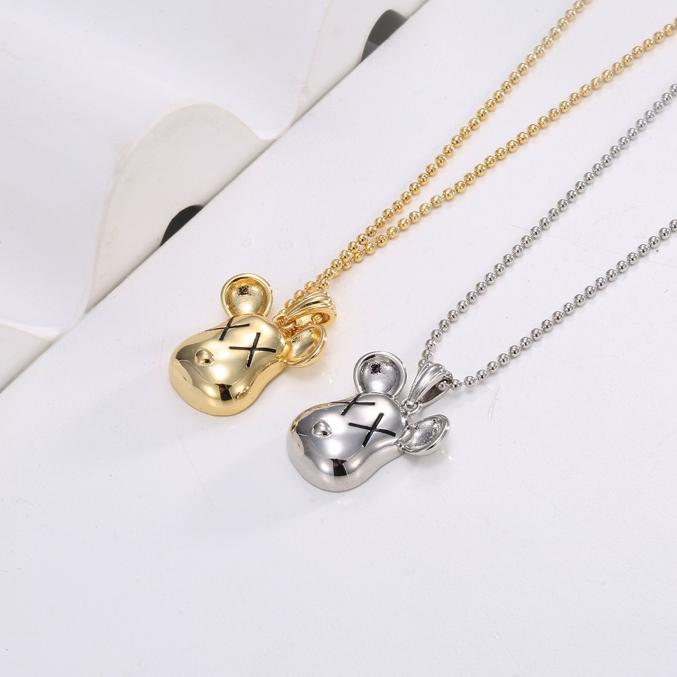 Gold-Tone "XX" Eyes Mouse Pendant Necklace with Bead Chain