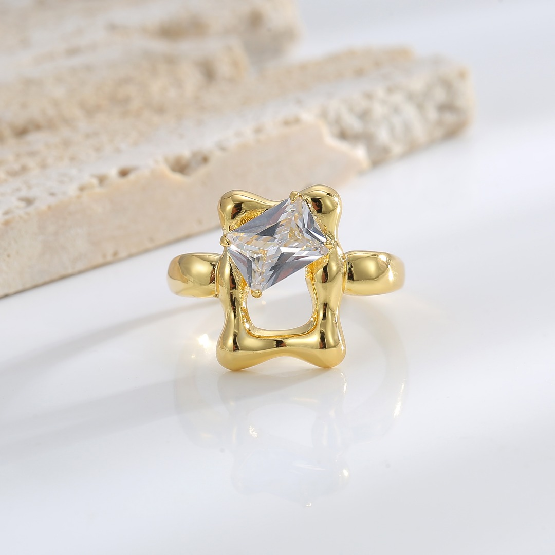 Gold-Tone Abstract-Design Ring with Emerald-Cut Cubic Zirconia