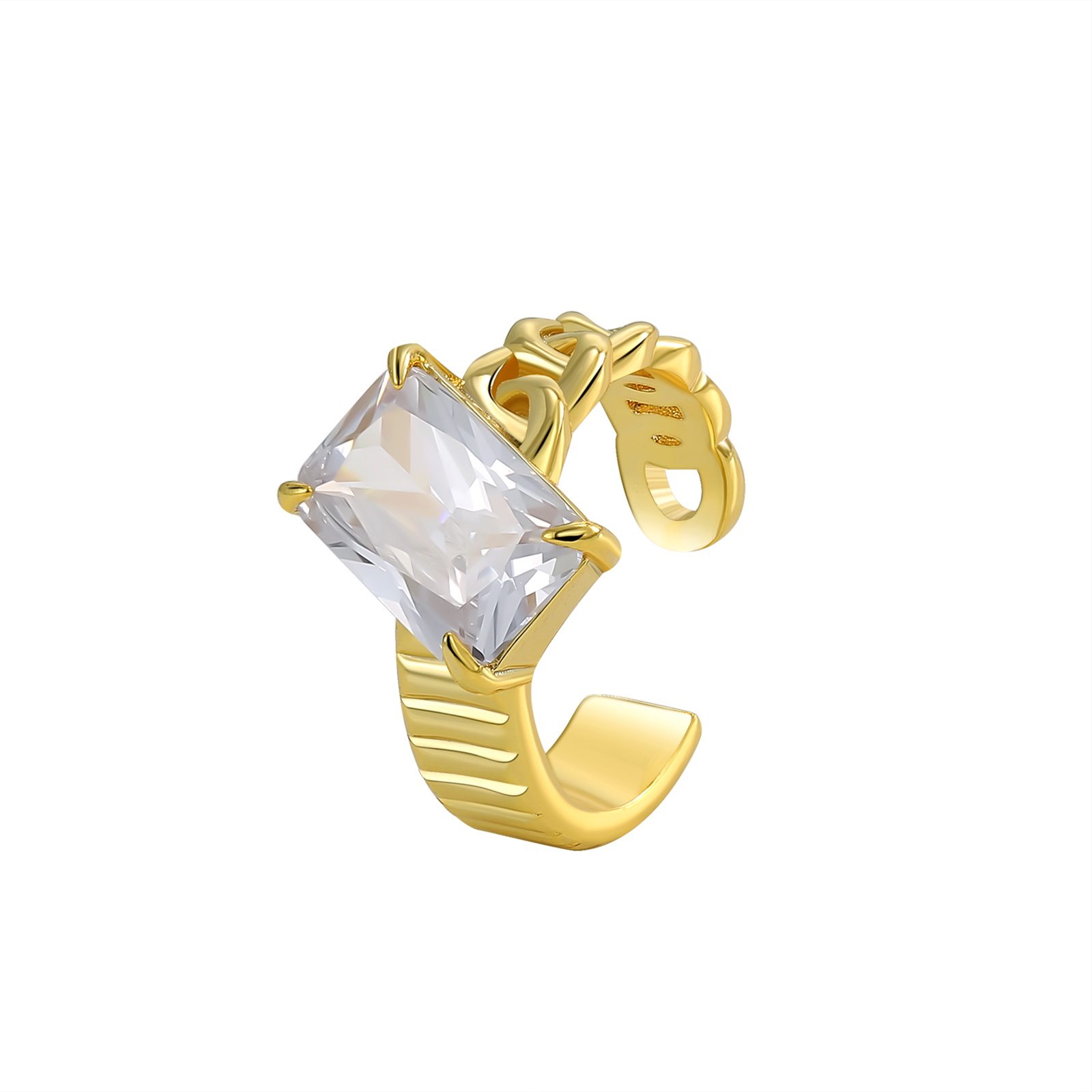 Gold-Plated Chain-Link Cocktail Ring with Emerald-Cut Clear Cubic Zirconia Stone