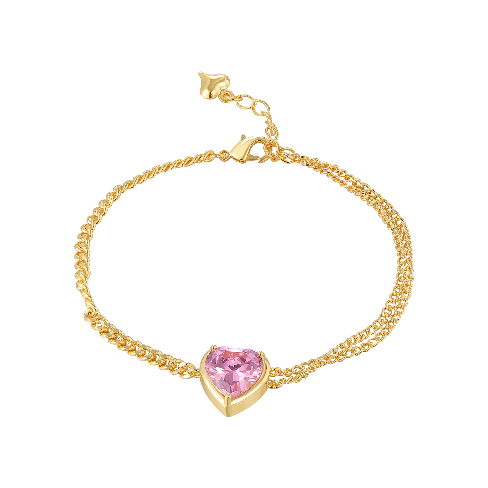Elegant Gold-Tone Heart Pendant Bracelet with Pink Crystal Accent