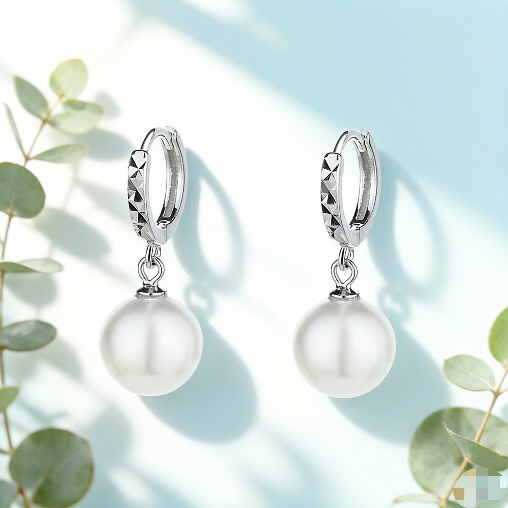 Sterling Silver Pearl Drop Earrings with Diamond-Cut Hoop