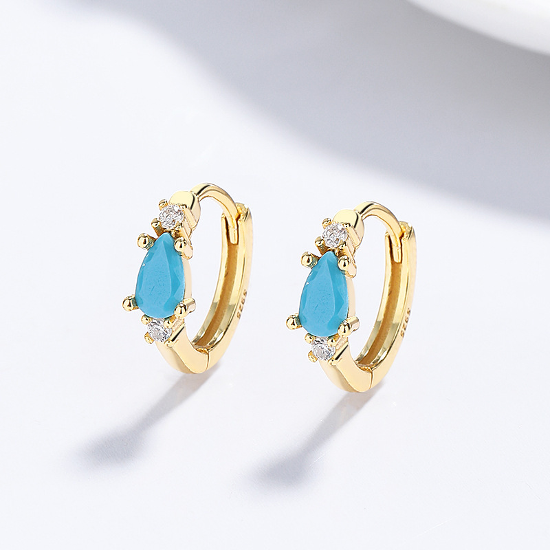 Sterling Silver Blue Teardrop CZ Huggie Hoop Earrings