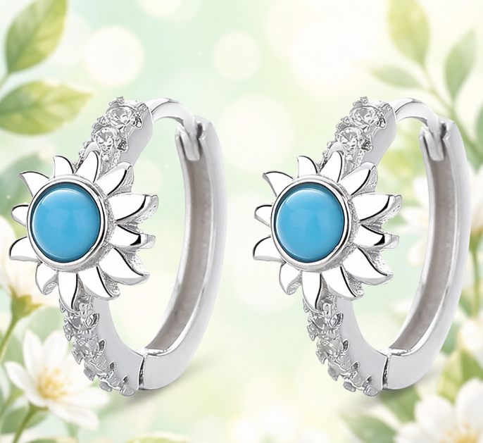 S925 Sterling Silver Turquoise Sunflower Huggie Hoop Earrings