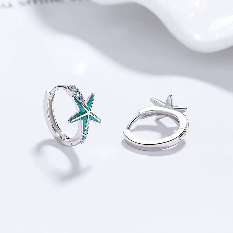 Starfish Hoop Earrings with Turquoise Enamel & Blue Crystal Accents
