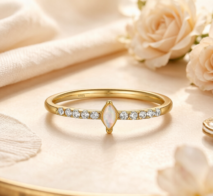 Elegant Gold Plated Sterling Silver Ring with Marquise Moonstone and Diamond Accents