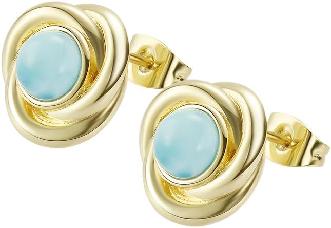Elegant Gold Twisted Stud Earrings with Light Blue Cabochon Center