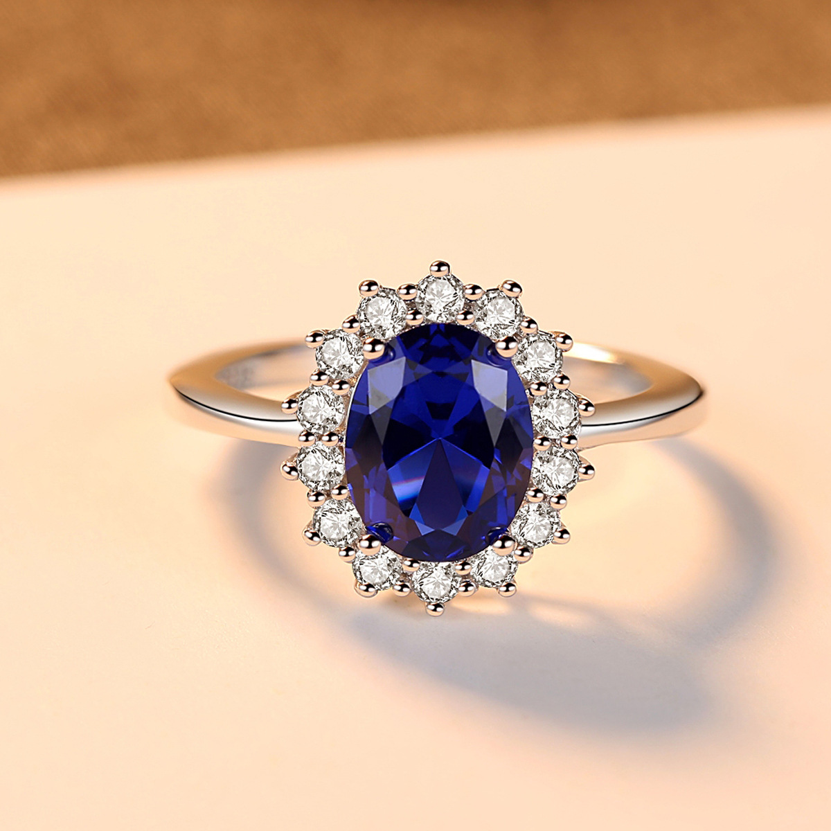 Sterling Silver Sapphire Halo Ring for Women, 925 Sterling Silver Oval Cut Created Blue Sapphire Engagement Ring Vintage Cluster Statement Jewelry