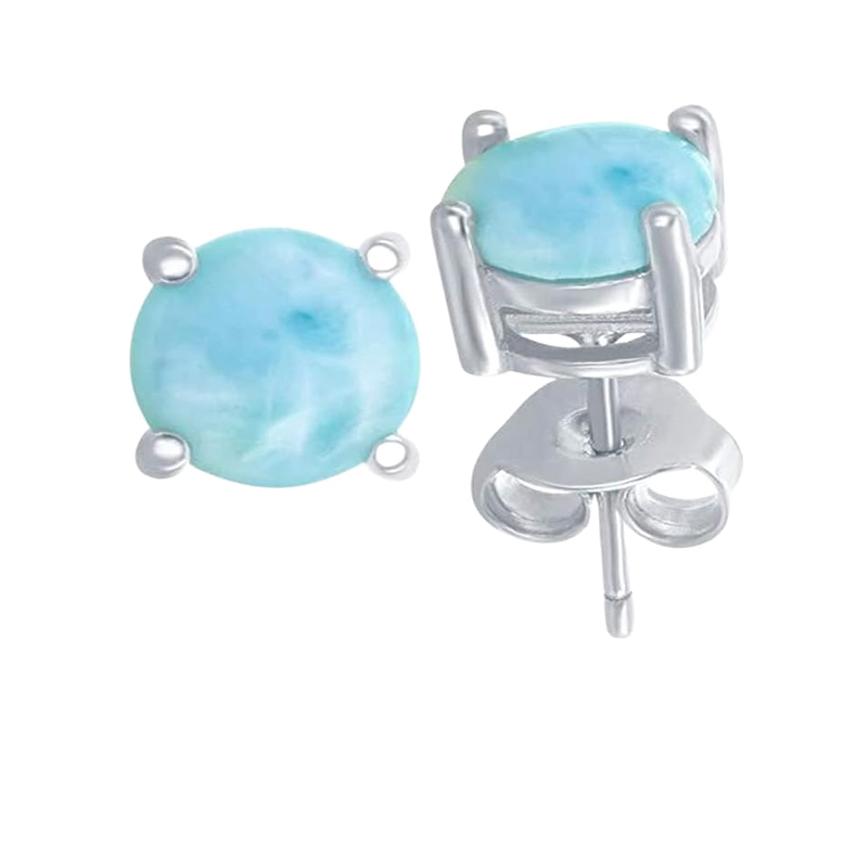 Sterling Silver Blue Chalcedony Stud Earrings - 925 Sterling Silver Round Solitaire Push Back Earrings for Women, Minimalist Gemstone Jewelry