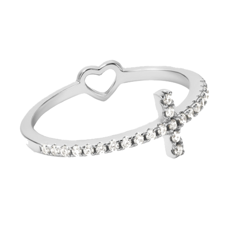 Silver Open Heart Cross Ring
