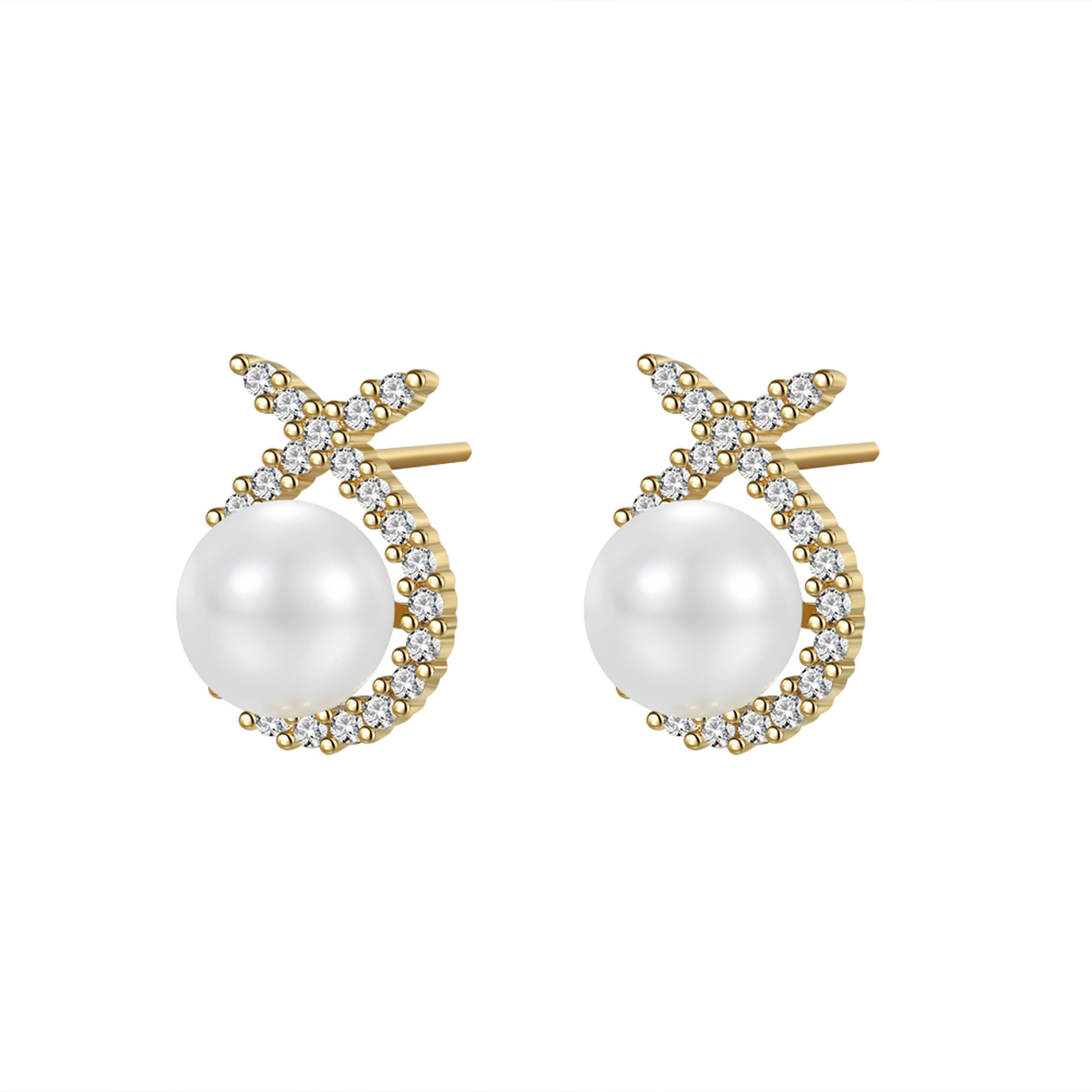 Elegant Pearl & Cubic Zirconia Earrings with Gold - Plated Twisted Design