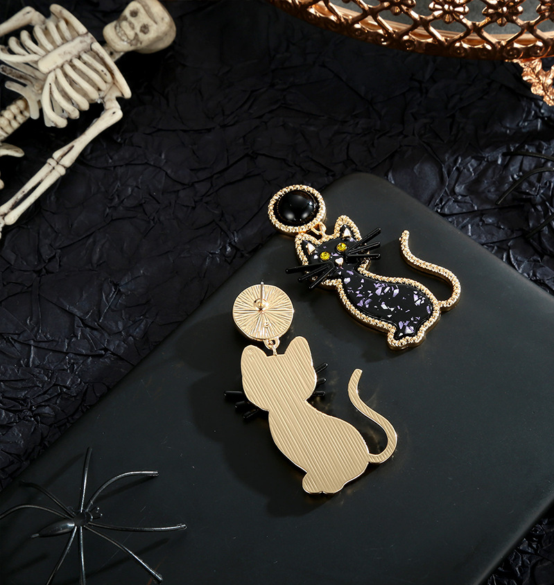 Whimsical Crystal Black Cat Drop Earrings in Copper with Gold Tone Accents