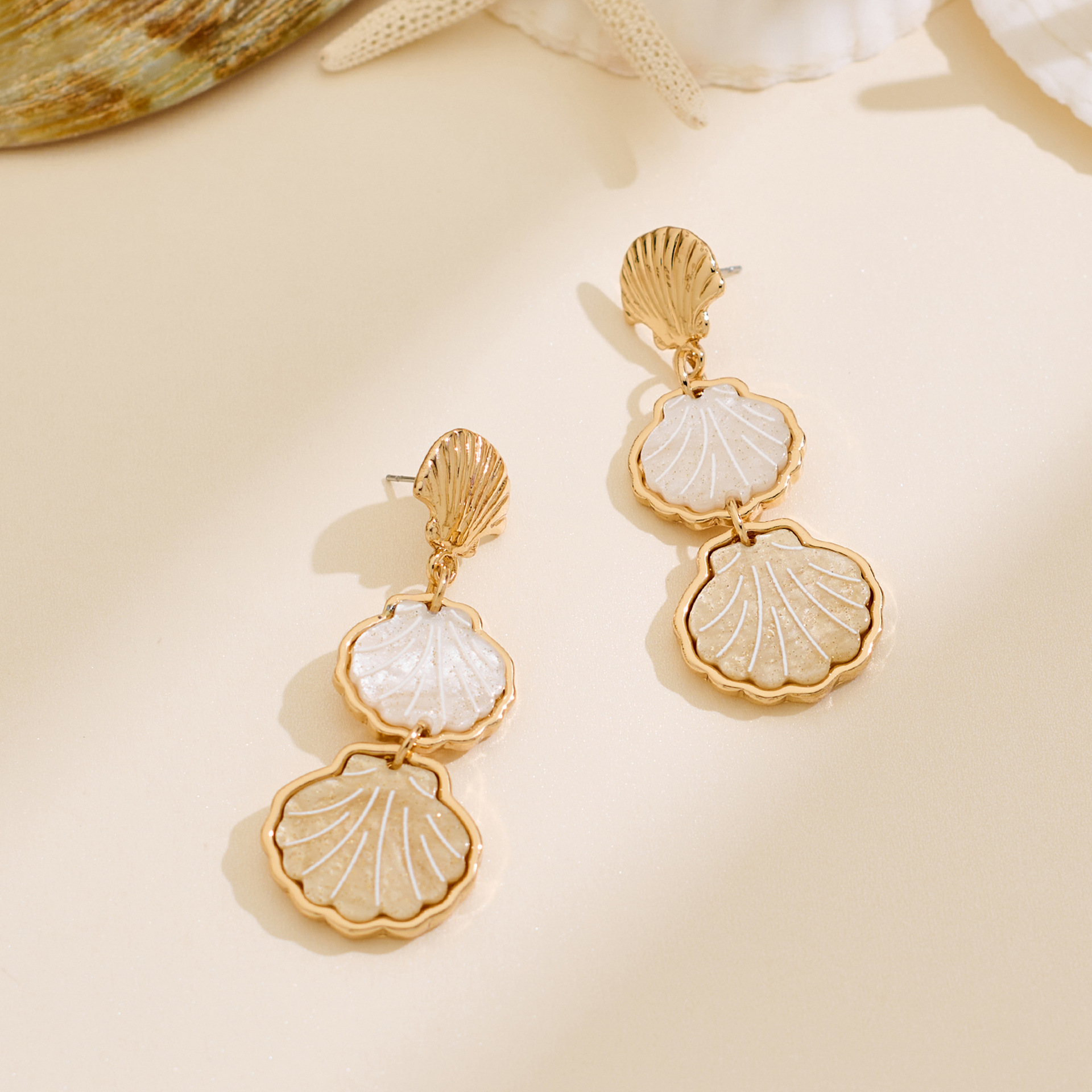 Triple-Layered Gold-Tone Seashell Drop Earrings with Irregular Textured Fillings