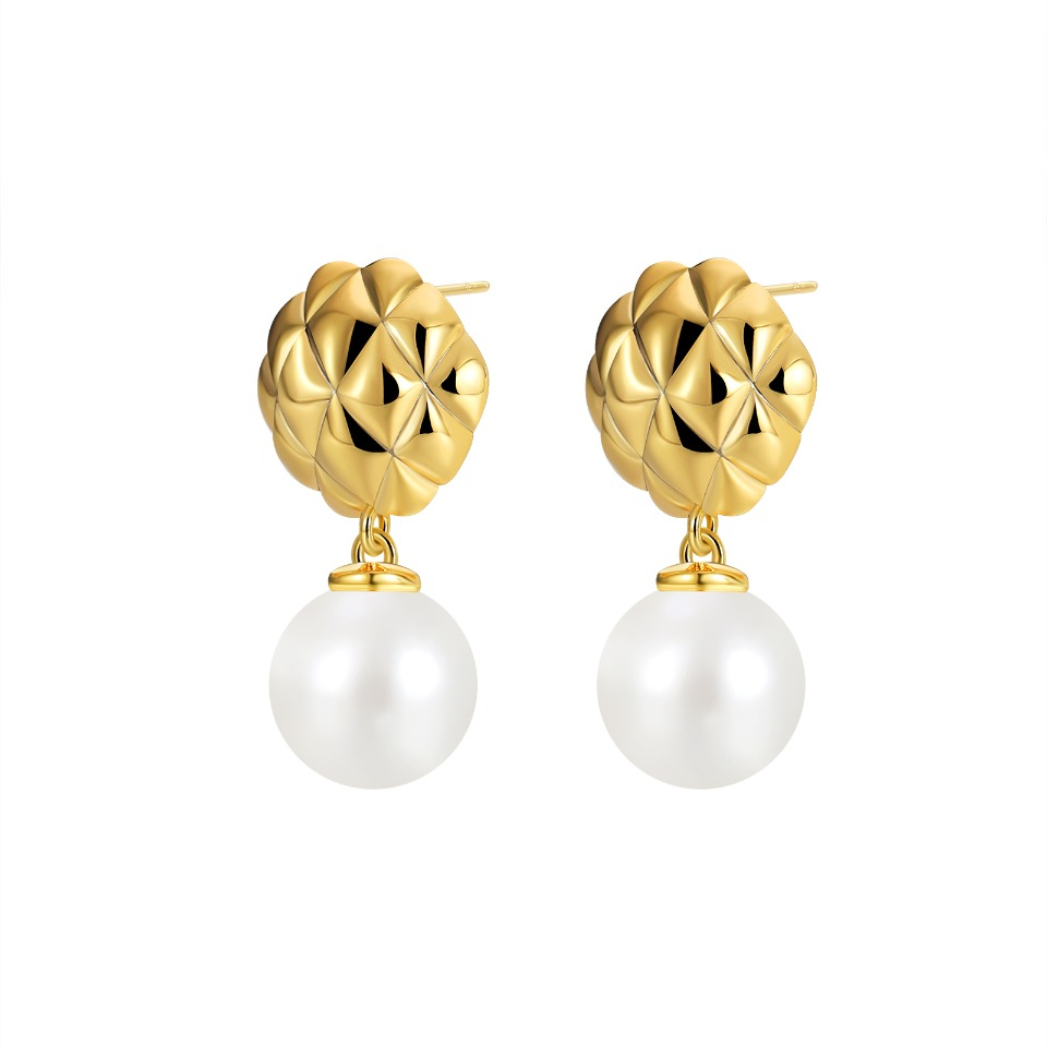 Elegant Gold-Plated Geometric Textured Earrings with White Pearl Drop