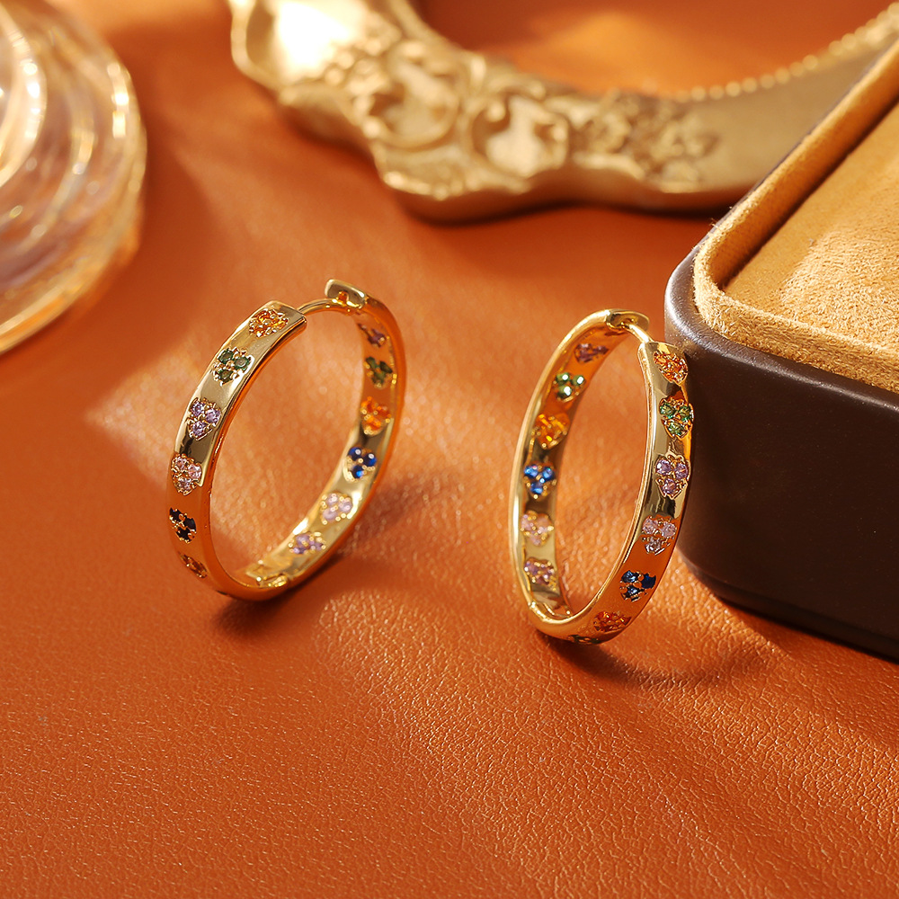 Colorful Crystal Inlaid Gold-Tone Hoop Earrings in Copper Material