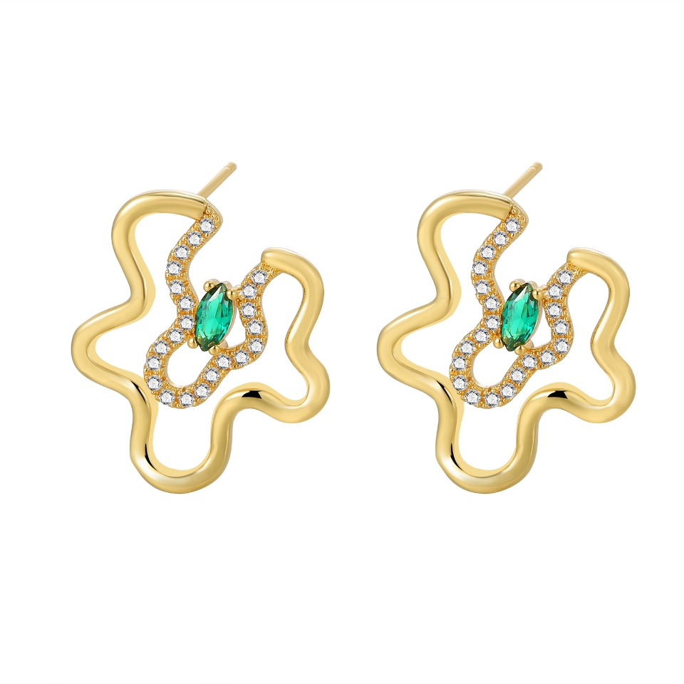 Gold - Toned Wavy - Line Stud Earrings with Marquise - Cut Emerald & Pave Diamonds