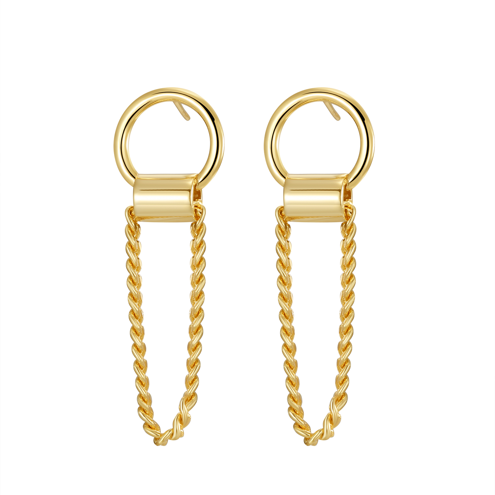 Gold - Toned Chain - Drop Earrings with Circular Hoop & Bar Design