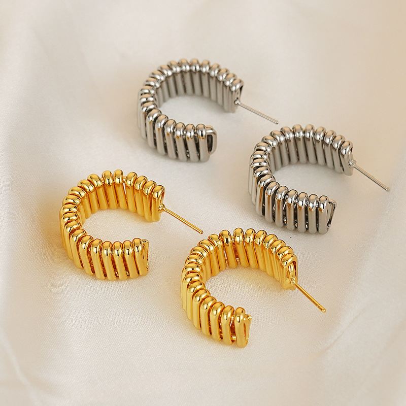 Gold Plated Copper Textured Cylindrical Segment Hoop Earrings