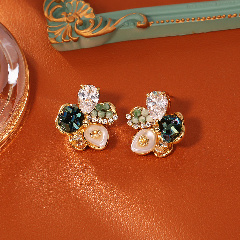 Gold Plated Copper Clover Stud Earrings with Multi-Color Rhinestones