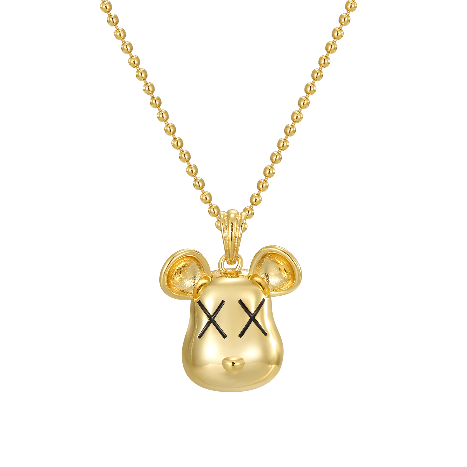 Gold-Tone "XX" Eyes Mouse Pendant Necklace with Bead Chain