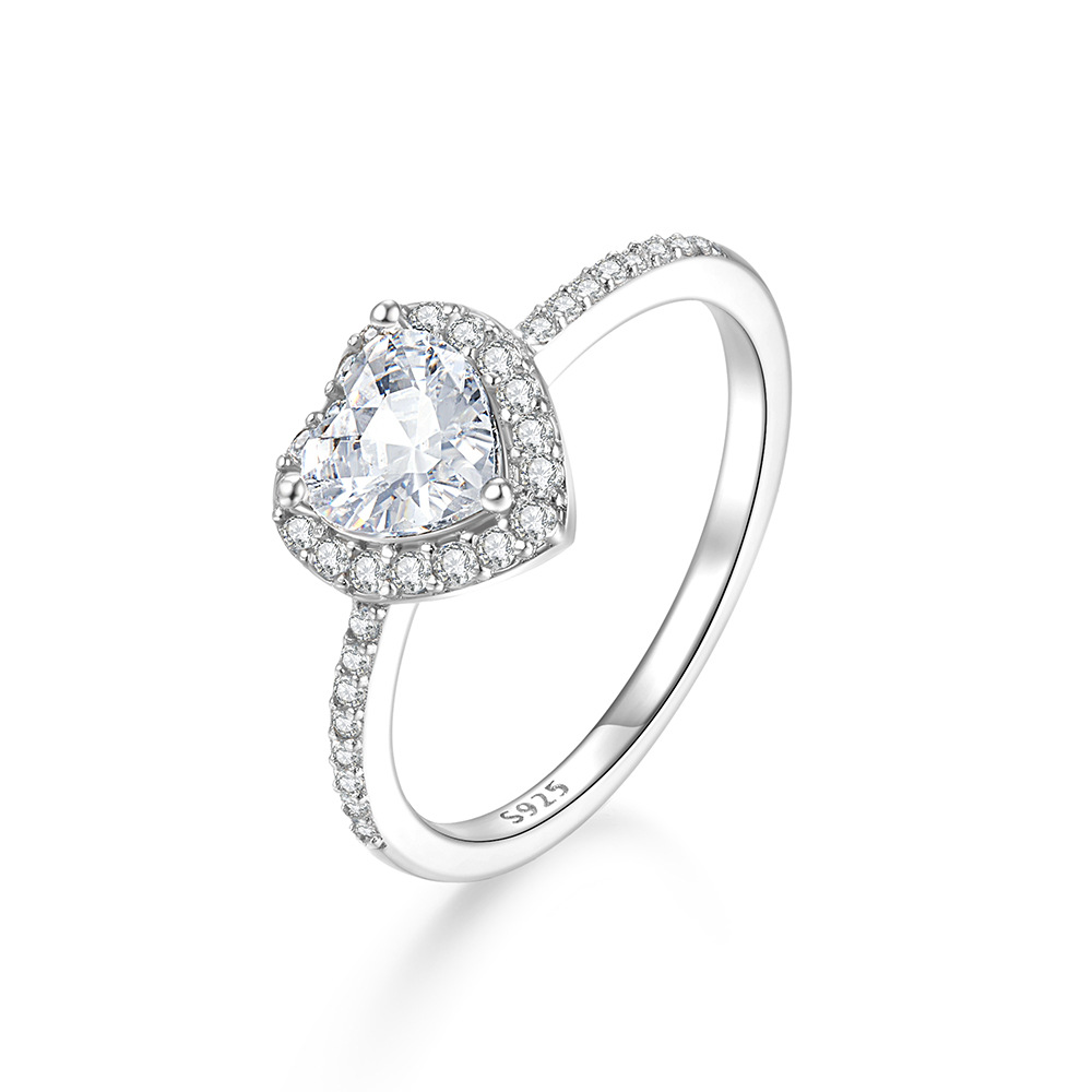 Sterling Silver Heart Cut Halo Engagement Ring with Pavé Shoulders
