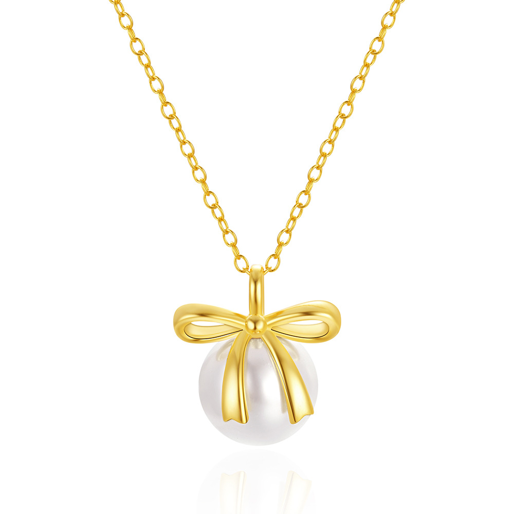 Bow Pearl Pendant Necklace Gold-Tone