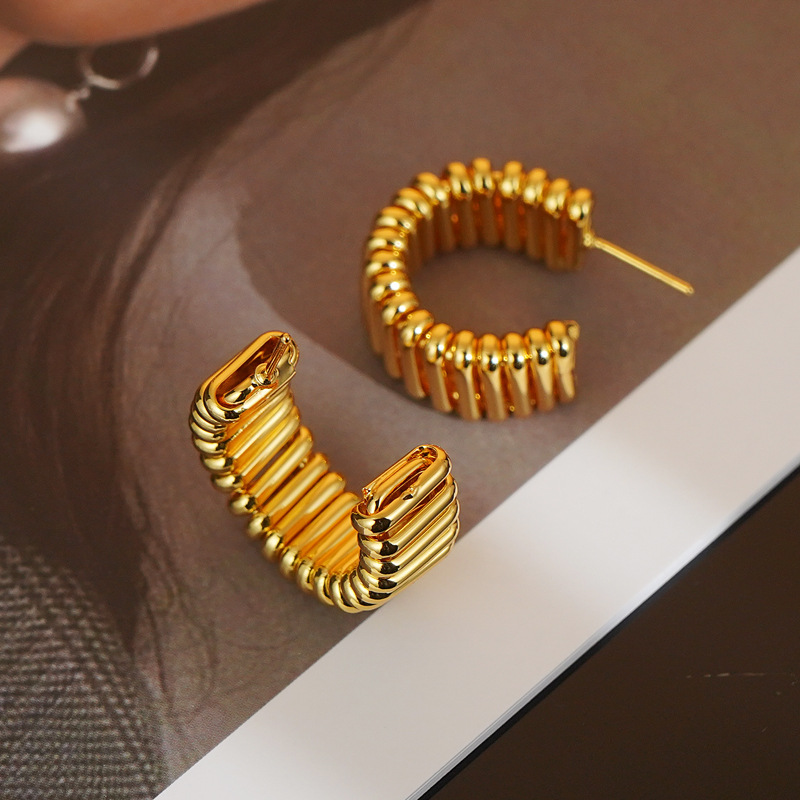 Gold Plated Copper Textured Cylindrical Segment Hoop Earrings