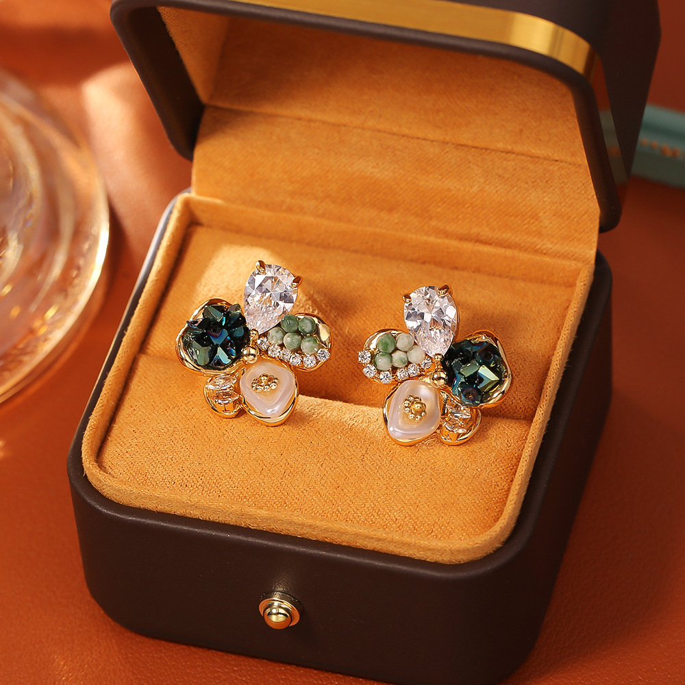 Gold Plated Copper Clover Stud Earrings with Multi-Color Rhinestones